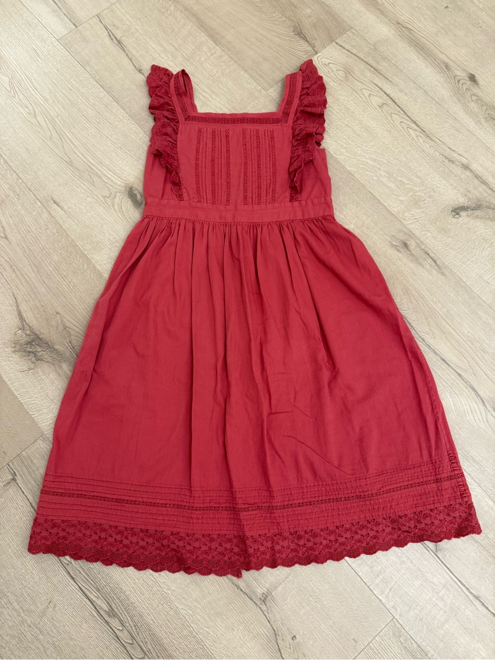 Bonpoint Red Embroidered Trim Ruffle Strap Dress